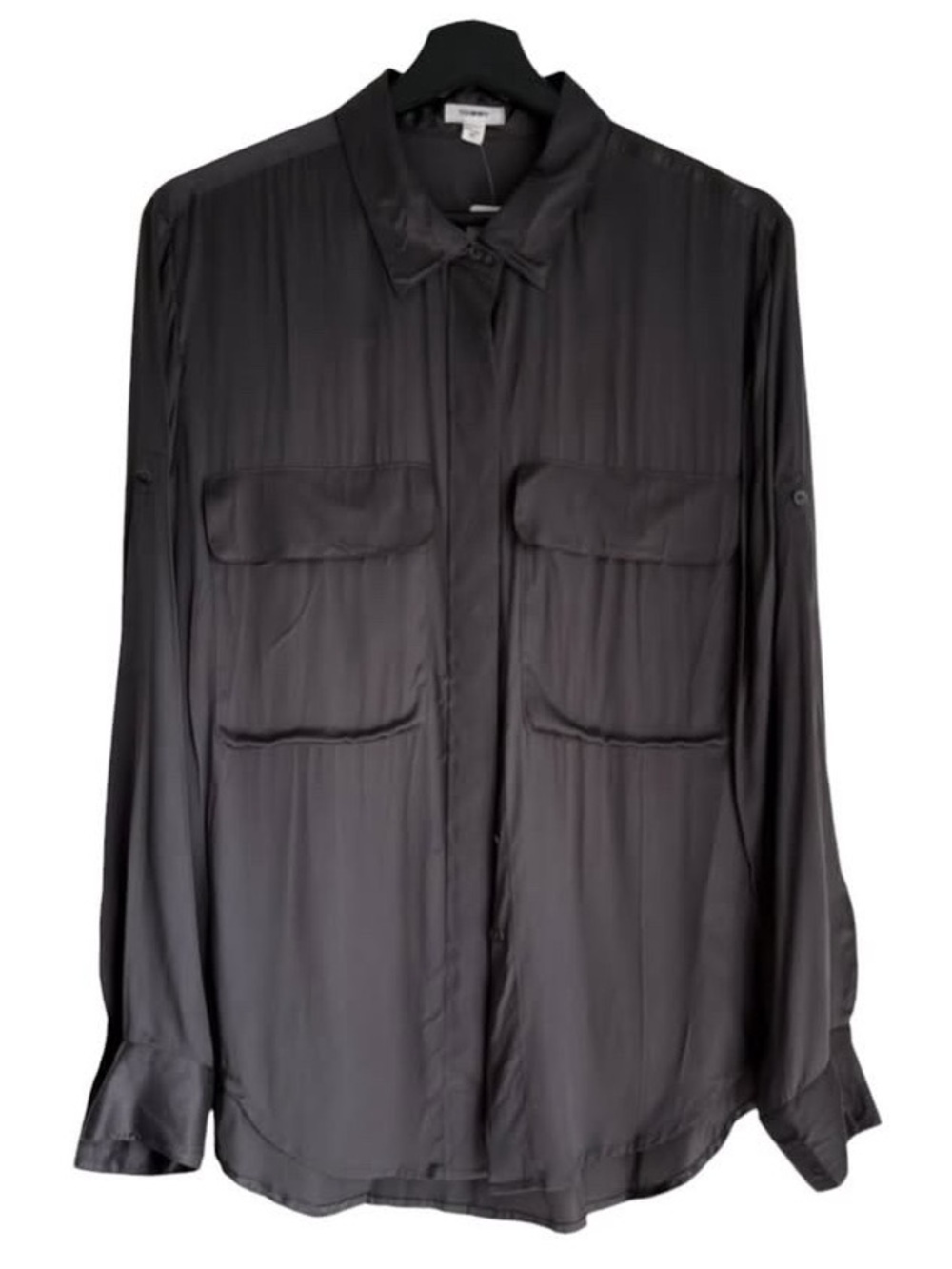 100% silk gray Women's Button-Front Blouse Shirt Top long sleeves satin corpcore
